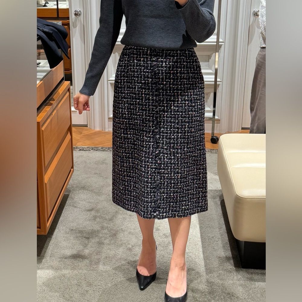 ANAYI Japan Navy, White and Pink Tweed Skirt - Front Slit and Side Pockets EU 34